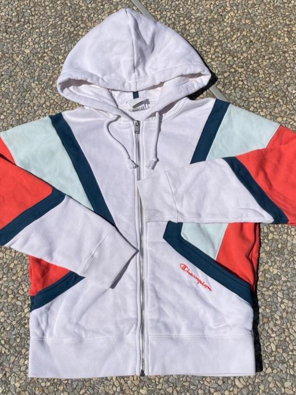 Champion White Zip-Up Colorblock Hoodie with Orange Navy & Teal Accents